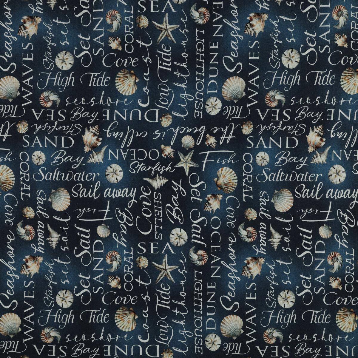 Coastal Escape Fabric Collection - Coastal Words Dark Blue