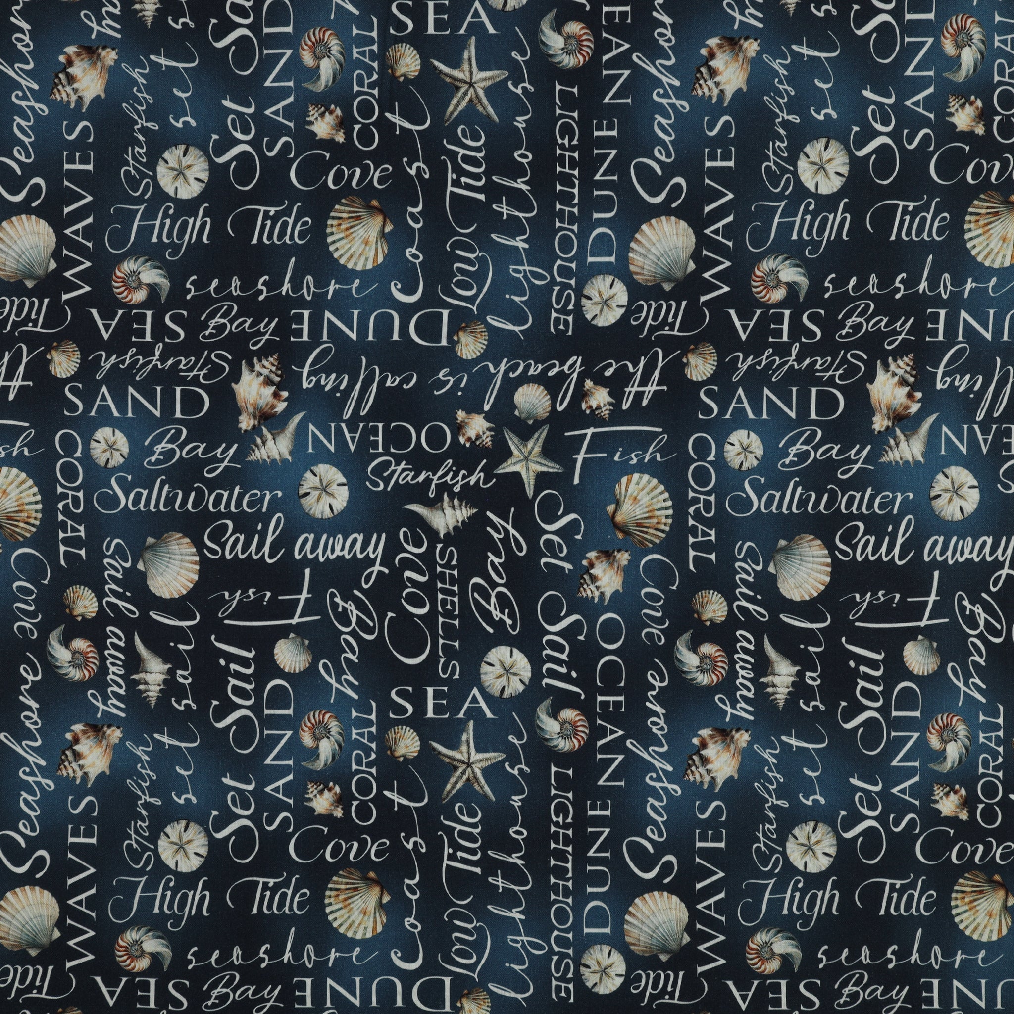Coastal Escape Fabric Collection - Coastal Words Dark Blue