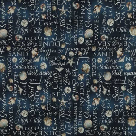 Coastal Escape Fabric Collection - Coastal Words Dark Blue