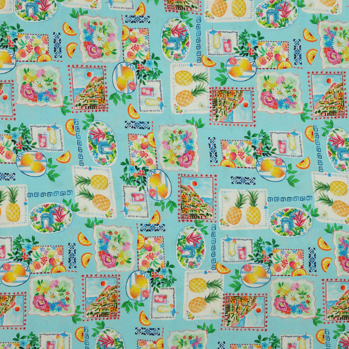 Tropical Splash Fabric Collection - Tropical Stamps Light Blue