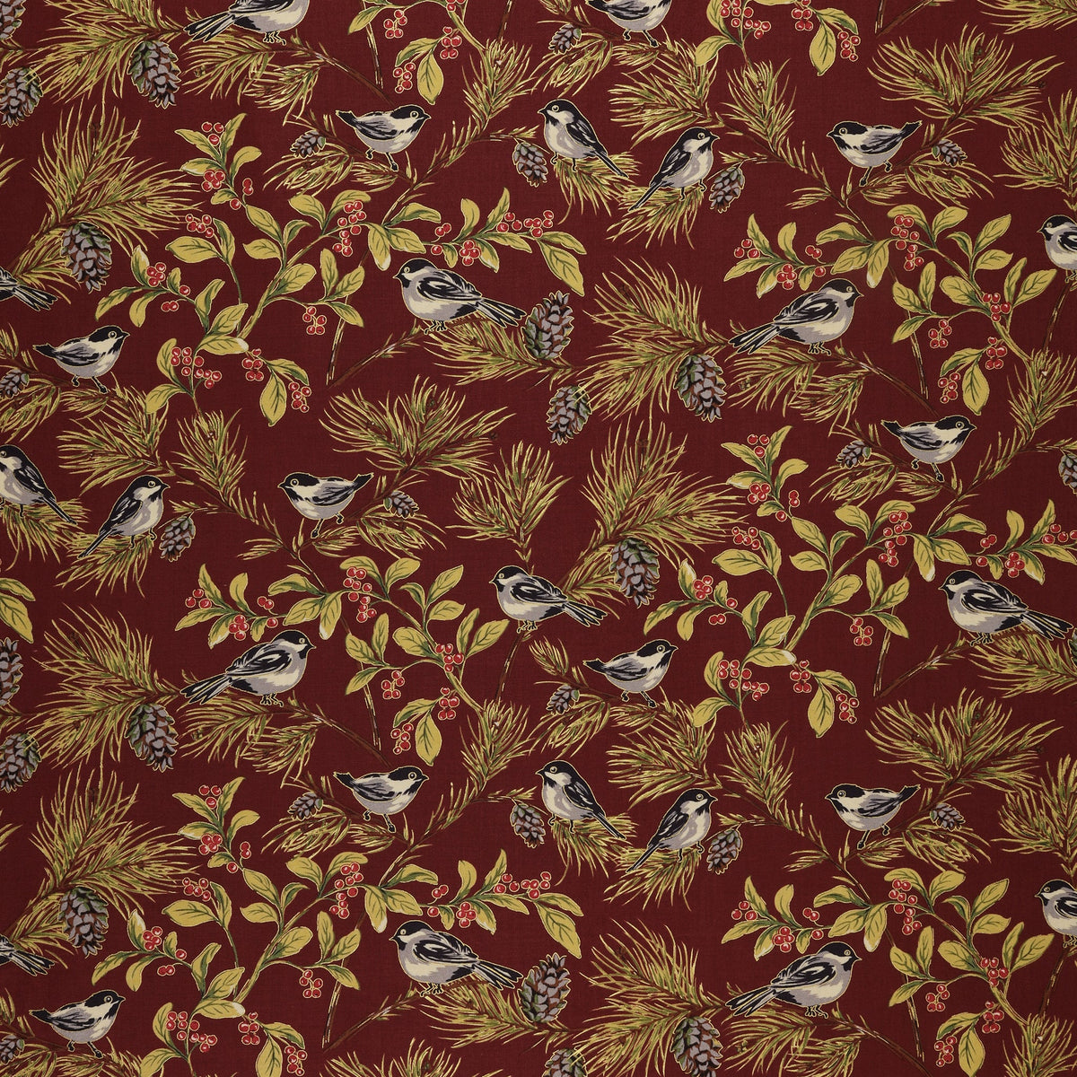 Christmas At Home Fabric Collection - Chickadees Dark Red