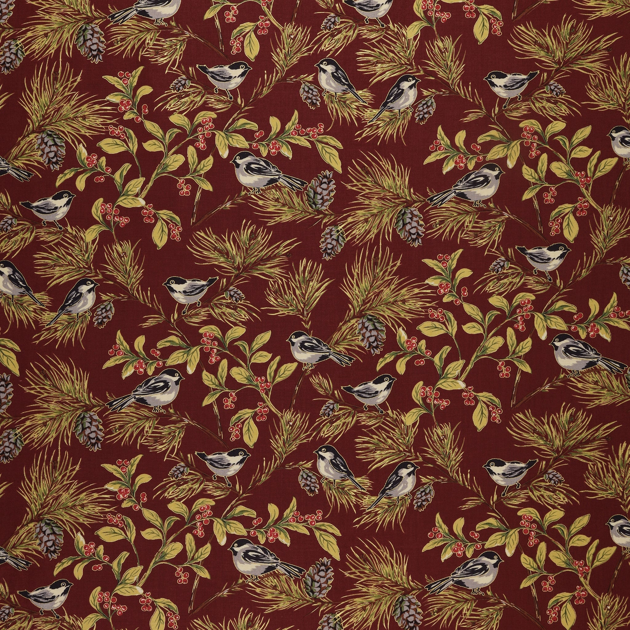 Christmas At Home Fabric Collection - Chickadees Dark Red