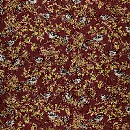 Christmas At Home Fabric Collection - Chickadees Dark Red
