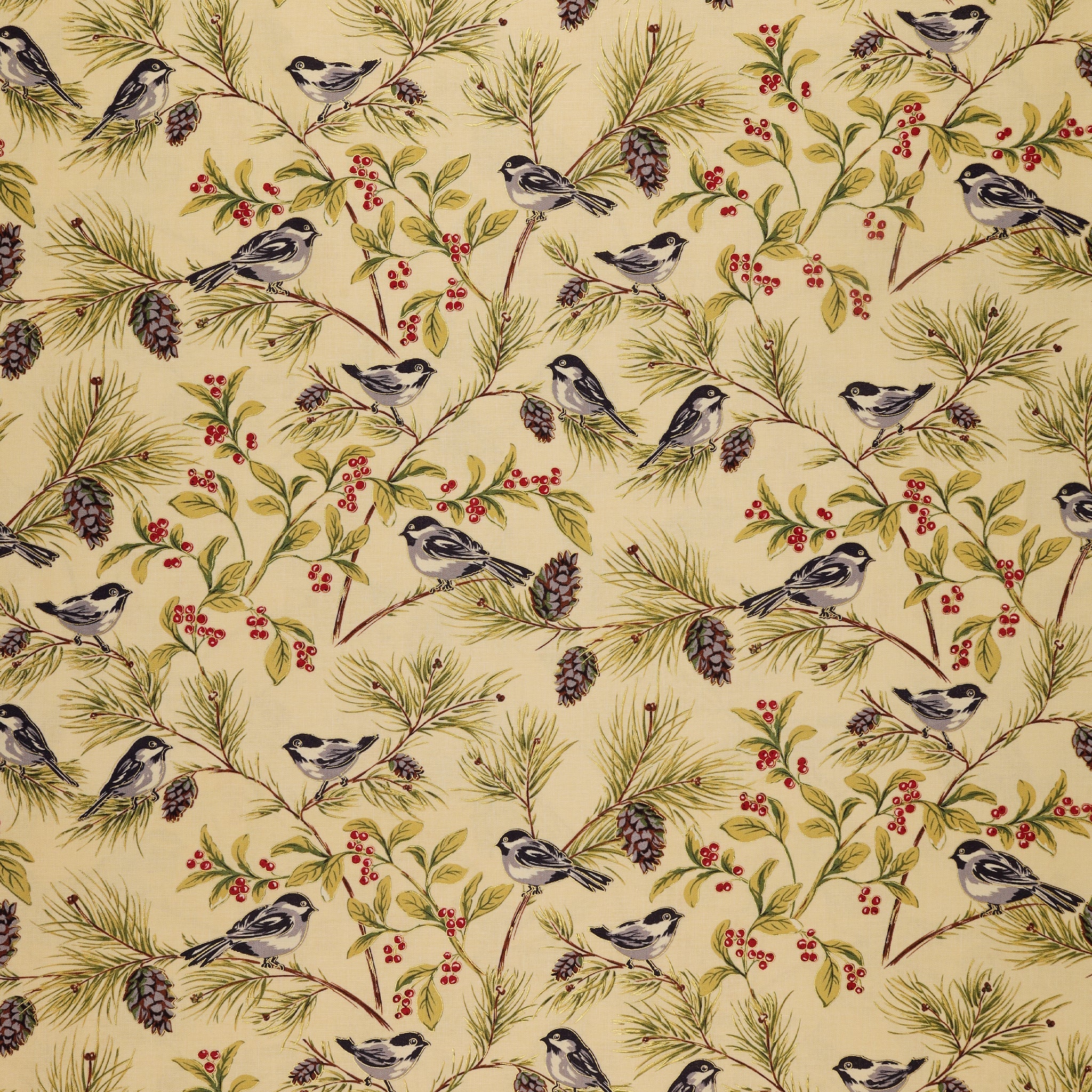 Christmas At Home Fabric Collection - Chickadees Natural