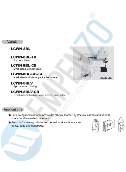 LCWN single needle series High speed, Cylinder bed, Large Vertical axis hook, Compound feed Compound feed and walking foot, Reverse stitch, Lockstitch machines. - Empenzo Automated Sewing Systems