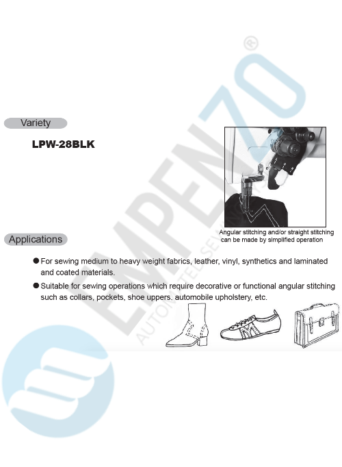 LPW-28BLK (angular stitch) Two needle, High speed, Post bed, Large vertical axis hook, Compound feed and walking foot, Reverse stitch, Disengageable needle bars, Lockstitch machine. - Empenzo Automated Sewing Systems