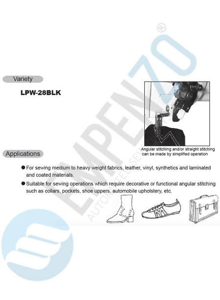 LPW-28BLK (angular stitch) Two needle, High speed, Post bed, Large vertical axis hook, Compound feed and walking foot, Reverse stitch, Disengageable needle bars, Lockstitch machine. - Empenzo Automated Sewing Systems