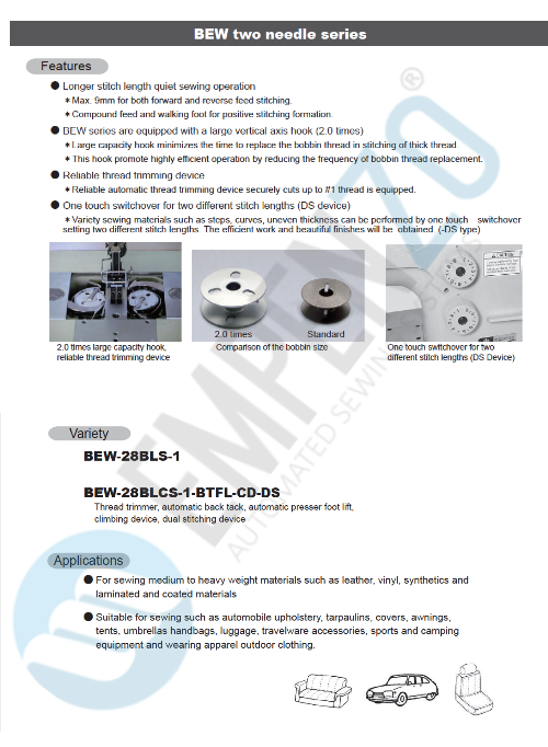 BEW two needle series High speed, Large vertical axis hook, Compound feed and walking foot, Reverse stitch, Lockstich machines - Empenzo Automated Sewing Systems