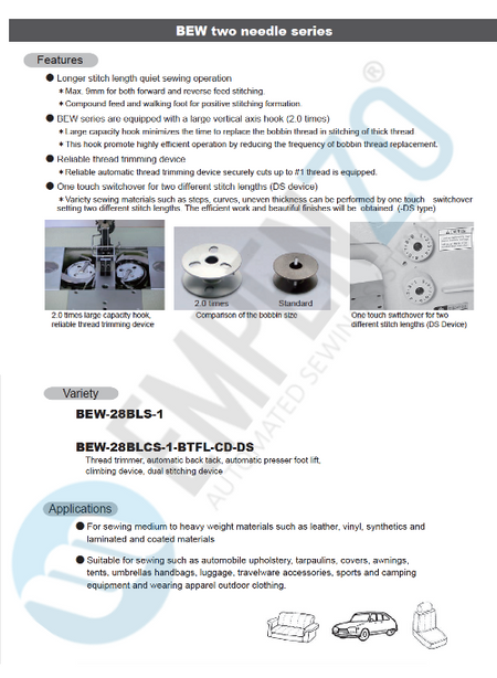 BEW two needle series High speed, Large vertical axis hook, Compound feed and walking foot, Reverse stitch, Lockstich machines - Empenzo Automated Sewing Systems