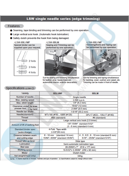 LSW single needle series (edge trimming) High speed, Large vertical axis hook, Compound feed and walking foot,Reverse stitch, Lockstitch machines. - Empenzo Automated Sewing Systems
