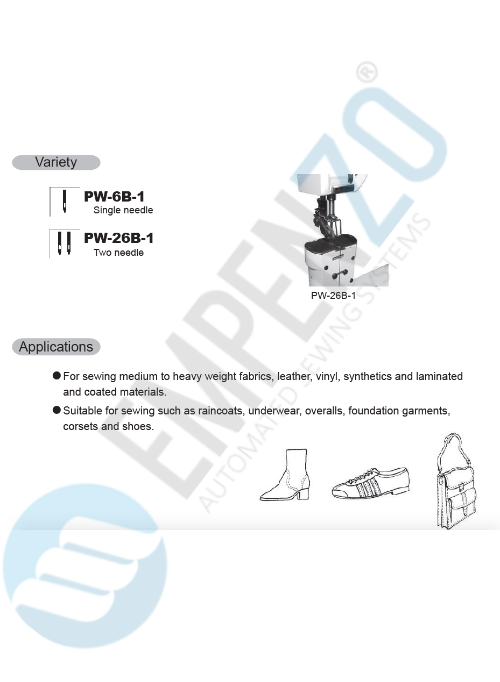 PW series High speed, Post bed, Vertical axis hook, Drop feed, Reverse stitch, Lockstitch machines. - Empenzo Automated Sewing Systems