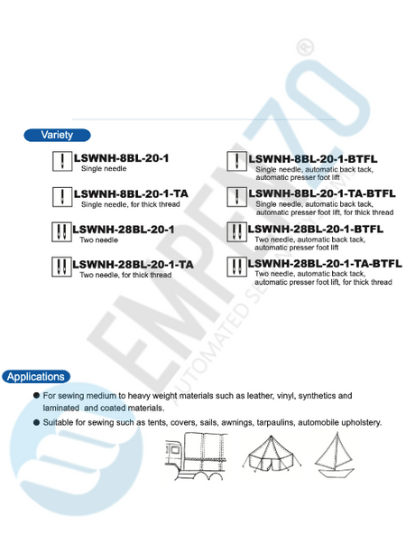 LSWNH series 20 inch long arm and high arm, Large vertical axis hook, Compound feed and walking foot, Reverse stitch, Lockstitch machine. - Empenzo Automated Sewing Systems
