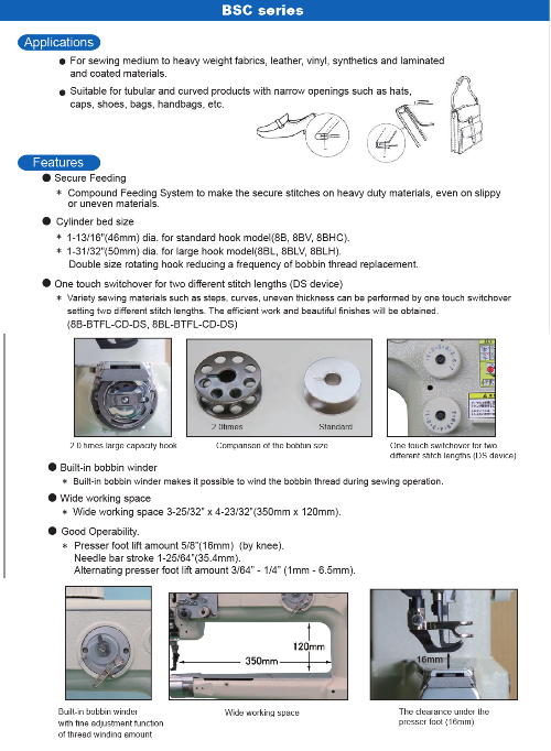 BSC series Single needle, High speed, Narrow Cylinder bed, Horizontal axis hook, Compound feed and walking foot, Reverse stitch, Lockstitch machines. - Empenzo Automated Sewing Systems