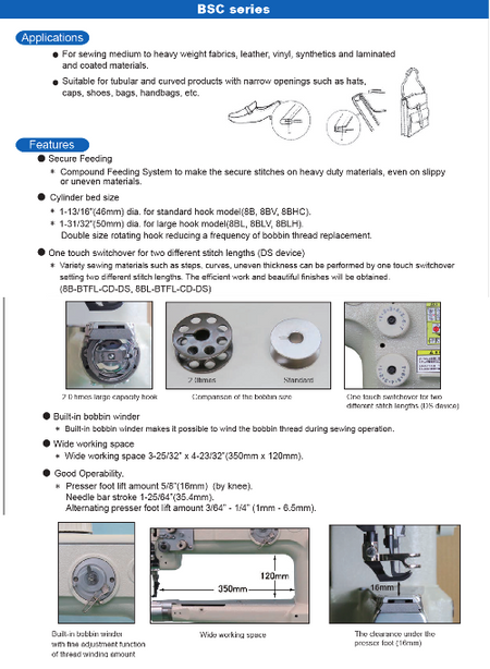 BSC series Single needle, High speed, Narrow Cylinder bed, Horizontal axis hook, Compound feed and walking foot, Reverse stitch, Lockstitch machines. - Empenzo Automated Sewing Systems