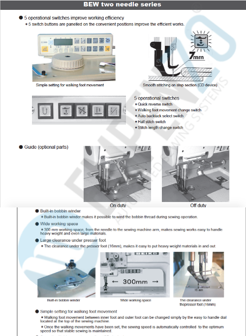 BEW two needle series High speed, Large vertical axis hook, Compound feed and walking foot, Reverse stitch, Lockstich machines - Empenzo Automated Sewing Systems