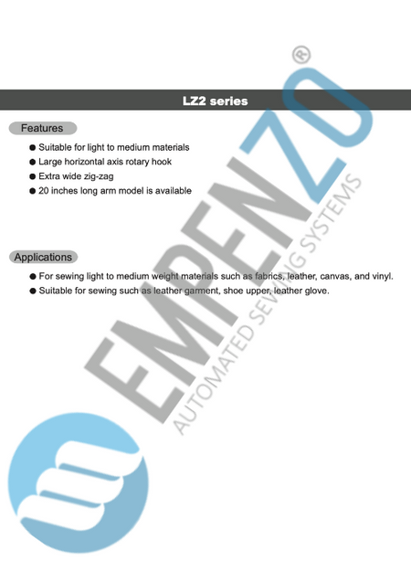 LZ2 series Single needle, Light to medium duty, Large horizontal axis hook, Reverse stitch, Zig-zag stitch(Lockstitch) machines. - Empenzo Automated Sewing Systems