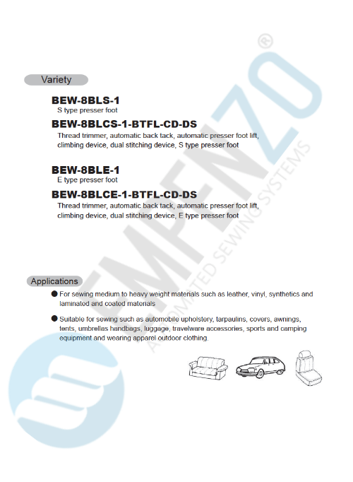 BEW single needle series High speed, Large vertical axis hook, Compound feed and walking foot, Reverse stitch, Lockstich machines - Empenzo Automated Sewing Systems