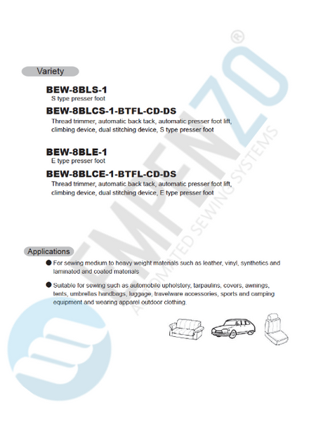 BEW single needle series High speed, Large vertical axis hook, Compound feed and walking foot, Reverse stitch, Lockstich machines - Empenzo Automated Sewing Systems