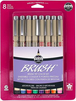 Micron Pen Pigma Brush 8 Piece Set Assorted Colors