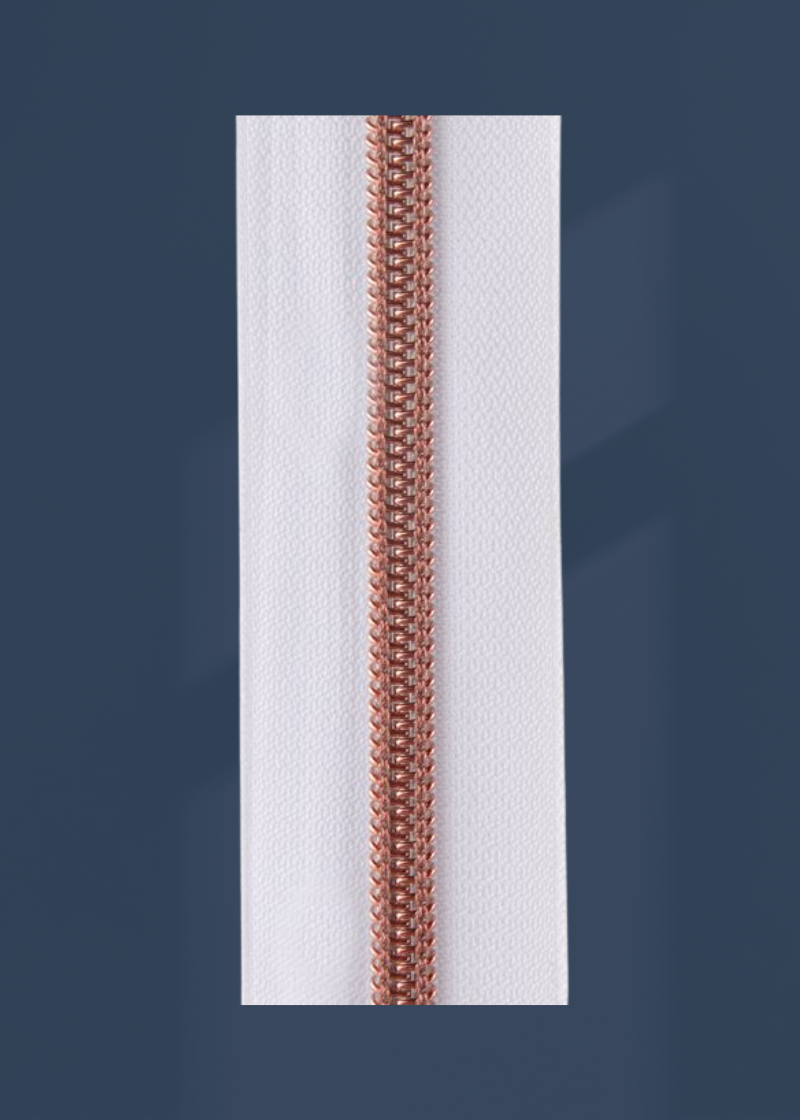 #3 Rose Gold Metallic Nylon Coil Continuous Zipper Roll - 3 yds. - White