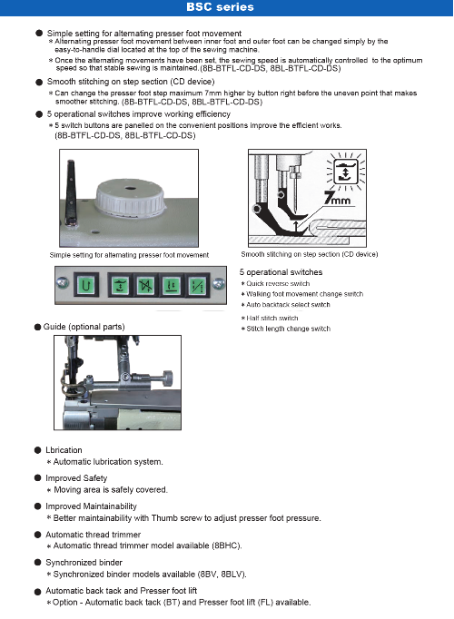BSC series Single needle, High speed, Narrow Cylinder bed, Horizontal axis hook, Compound feed and walking foot, Reverse stitch, Lockstitch machines. - Empenzo Automated Sewing Systems