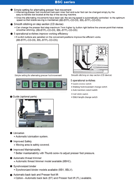 BSC series Single needle, High speed, Narrow Cylinder bed, Horizontal axis hook, Compound feed and walking foot, Reverse stitch, Lockstitch machines. - Empenzo Automated Sewing Systems