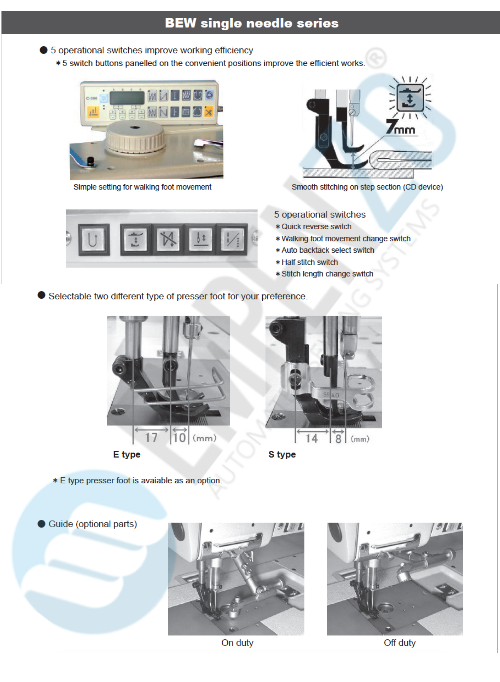 BEW single needle series High speed, Large vertical axis hook, Compound feed and walking foot, Reverse stitch, Lockstich machines - Empenzo Automated Sewing Systems