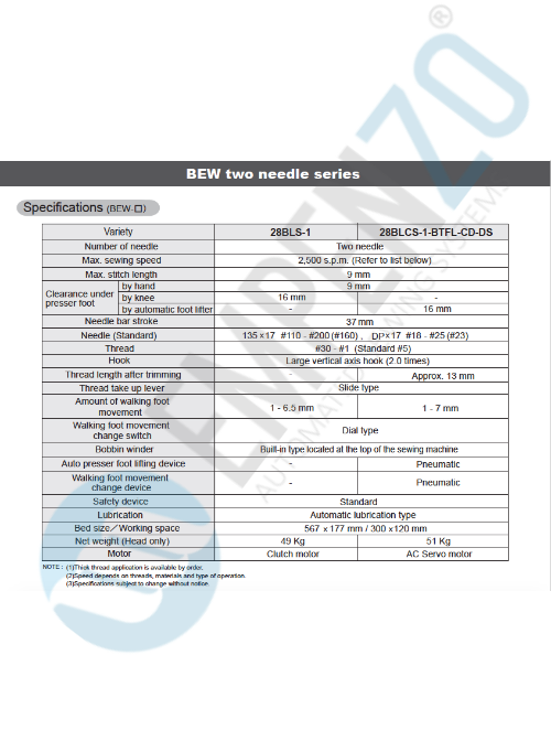 BEW two needle series High speed, Large vertical axis hook, Compound feed and walking foot, Reverse stitch, Lockstich machines - Empenzo Automated Sewing Systems