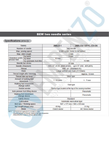 BEW two needle series High speed, Large vertical axis hook, Compound feed and walking foot, Reverse stitch, Lockstich machines - Empenzo Automated Sewing Systems