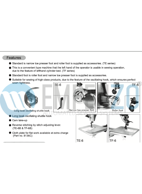 TE/TF series Single needle,Cylinder bed, Oscillating shuttle hook, Drop feed, Lockstitch machines - Empenzo Automated Sewing Systems