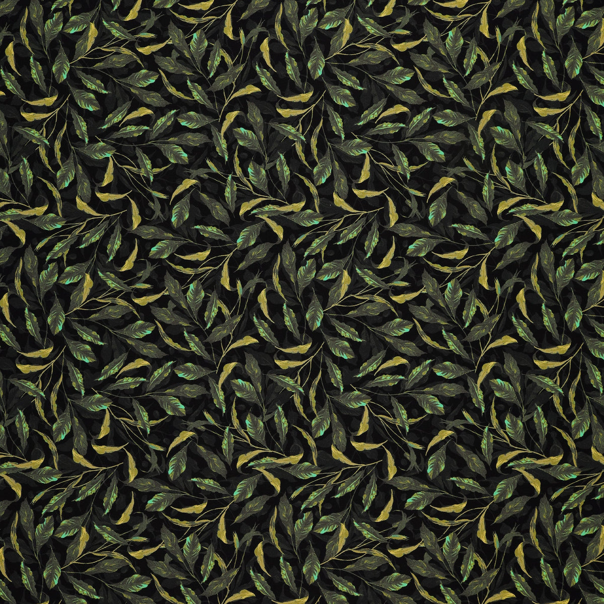 Midnight Blooms Fabric Collection - Greenery Black