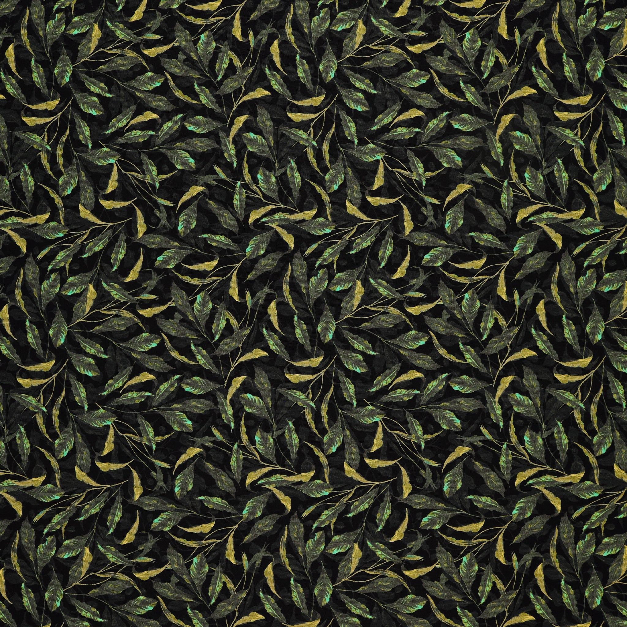 Midnight Blooms Fabric Collection - Greenery Black