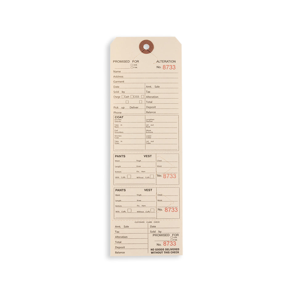 Suit Alteration Tags W/O String - 9 1/2" X 3 1/8" - 500/Box - Beige