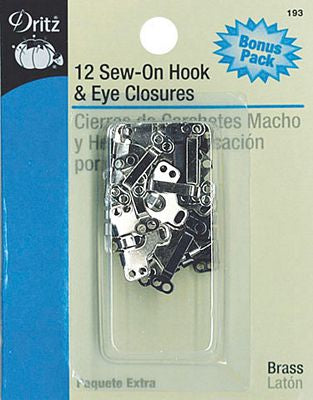 Dritz Sew-On Hook and Eye Closures Brass 12ct.