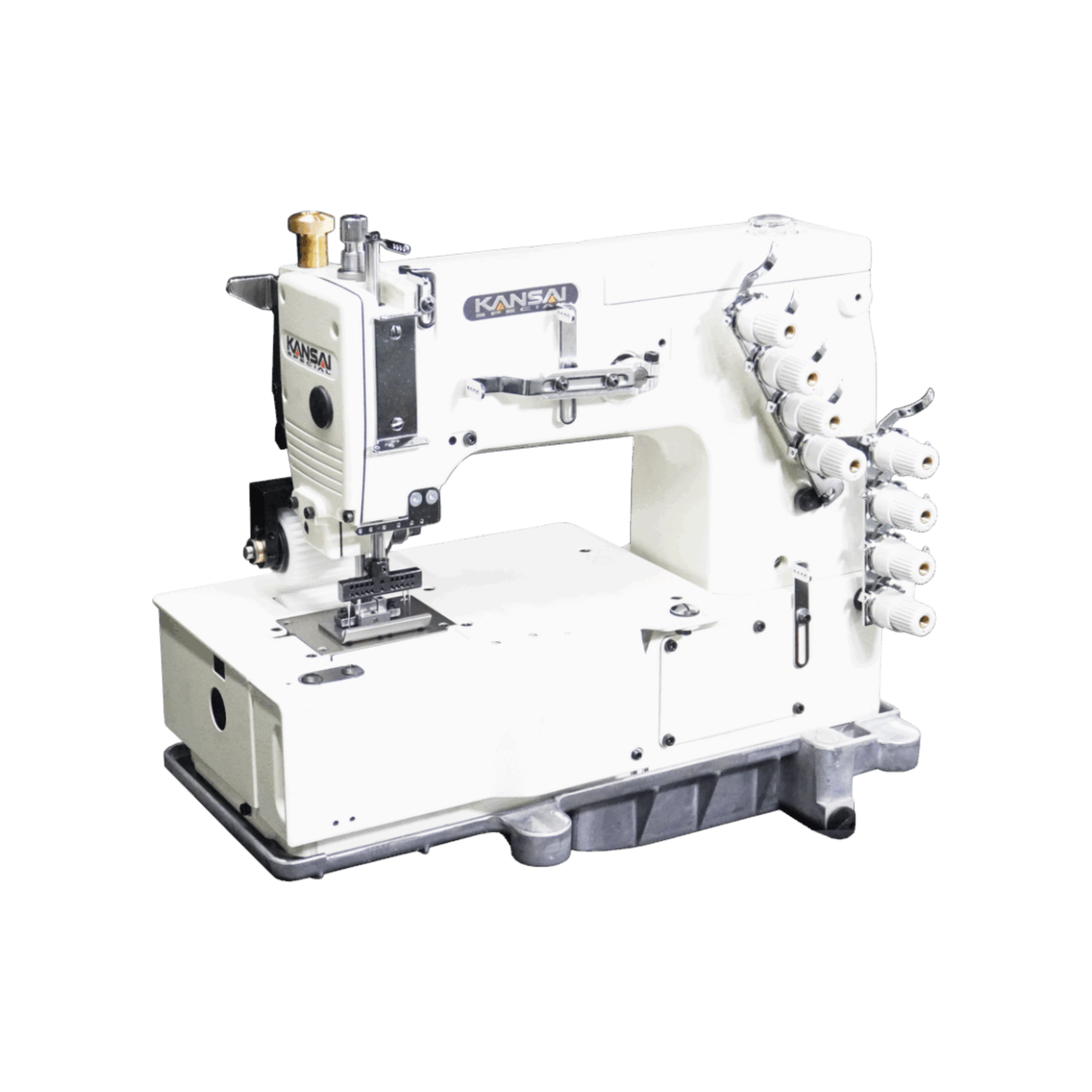 Kansai Special DFB SERIES - 4 Needle, Multi Gauge, Flat Bed, Double Chain Stitch Sewing Machine for Plain Seaming with Rear Puller