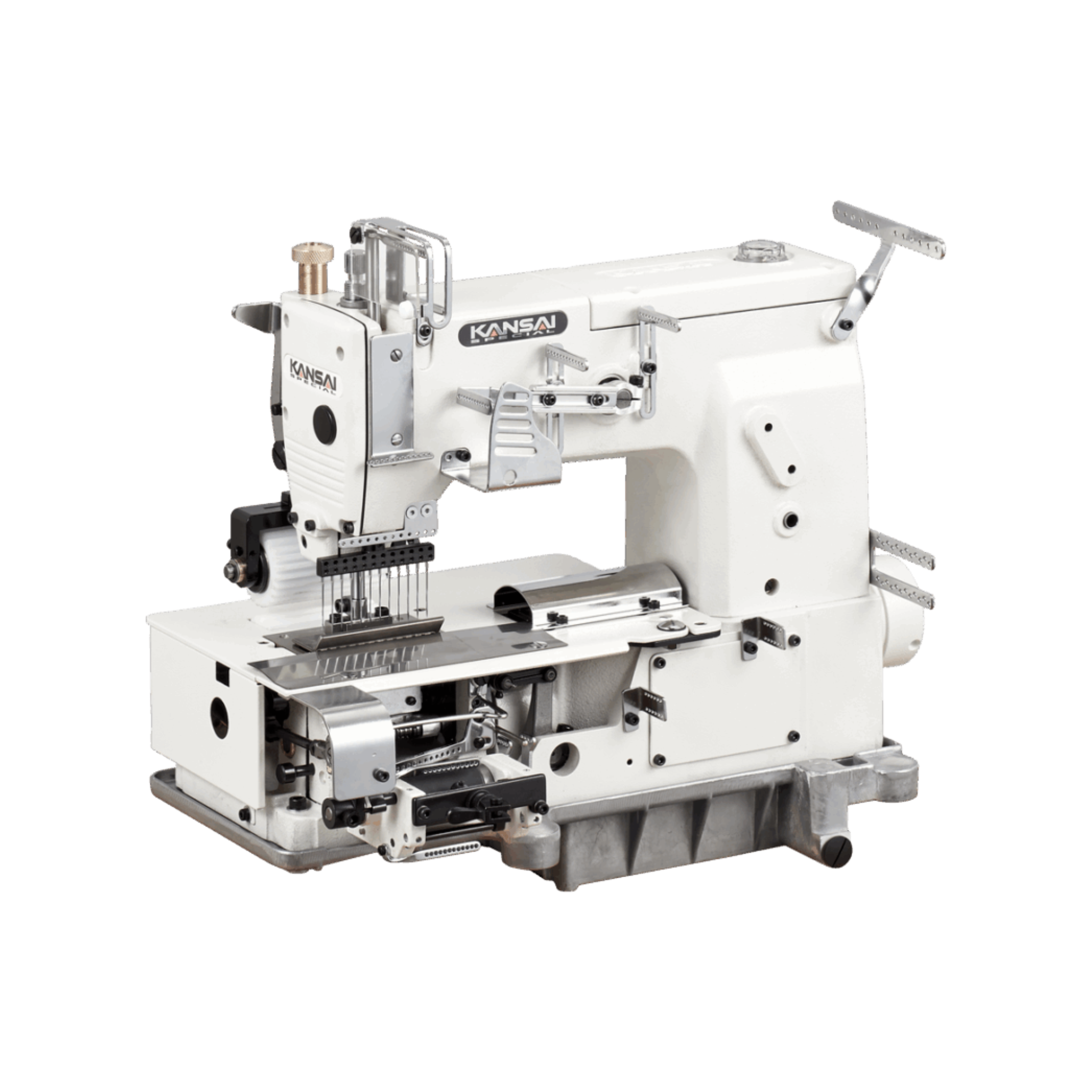 Kansai Special DFB SERIES - 12 Needle, Flat Bed, Double Chain Stitch Sewing Machine for Shiring with Rear Puller