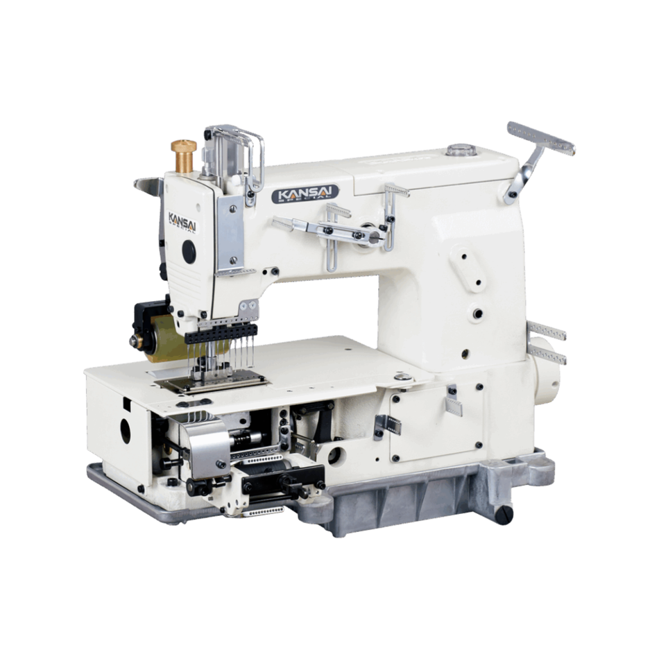 Kansai Special DFB SERIES - 12 Needle, Flat Bed, Double Chain Stitch Sewing Machine for Shiring with Elastic Thread Inside the Looper and Rear Puller