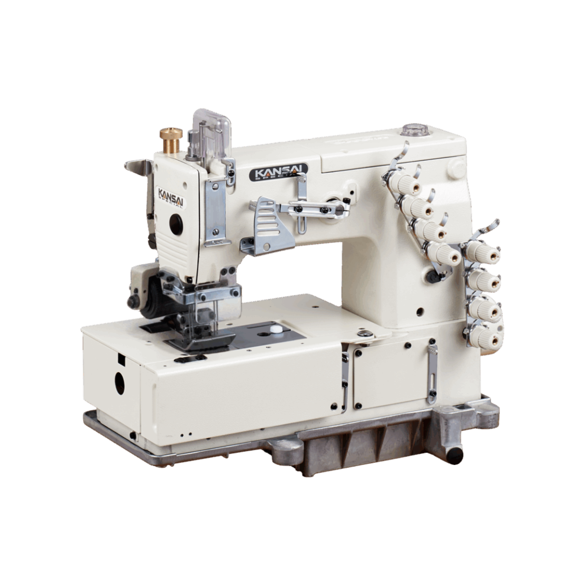 Kansai Special DLR SERIES - 4 Needle, Flat Bed, Double Chain Stitch Sewing Machine with Puller for Waistbanding