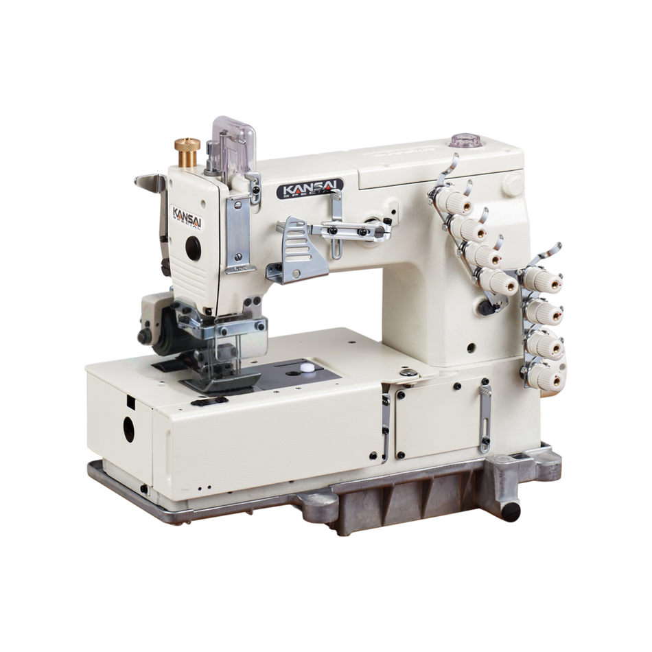 Kansai Special DLR SERIES - 4 Needle, Flat Bed, Double Chain Stitch Sewing Machine with Puller for Waistbanding