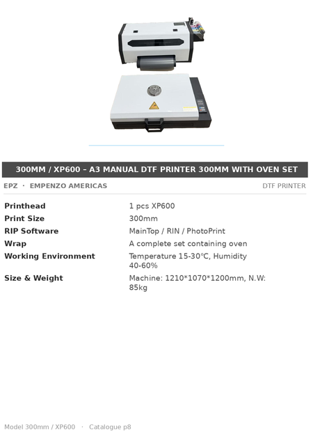 EPZ 300mm / XP600 – A3 Manual DTF Printer 300mm With Oven Set