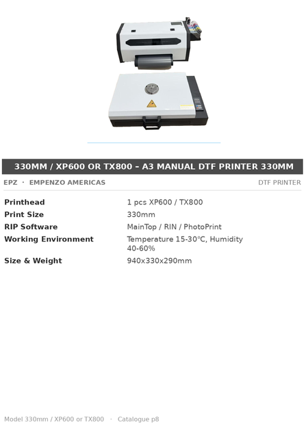 EPZ 330mm / XP600 or TX800 – A3 Manual DTF Printer 330mm