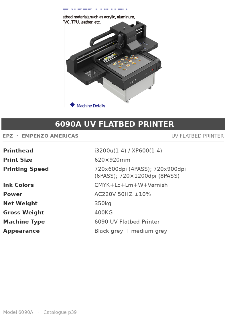 EPZ 6090A UV Flatbed Printer