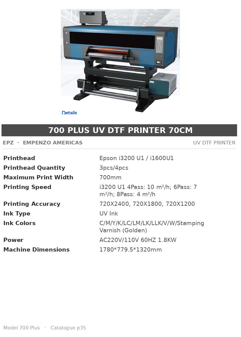 EPZ 700 Plus UV DTF Printer 70cm