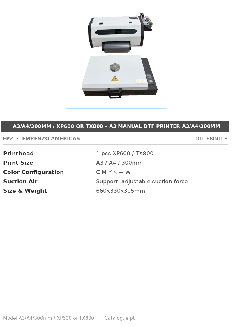 EPZ A3/A4/300mm / XP600 or TX800 – A3 Manual DTF Printer A3/A4/300mm