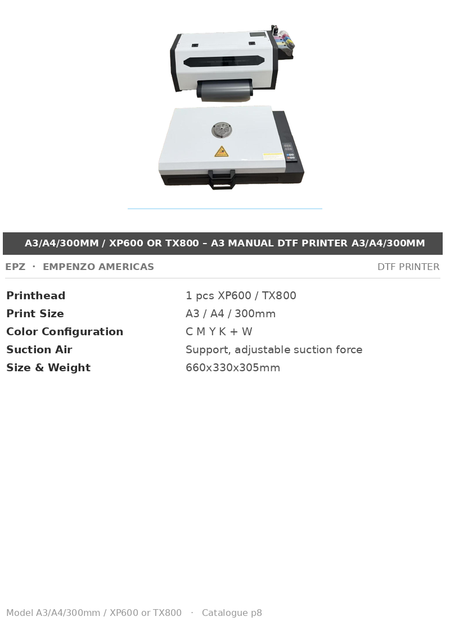 EPZ A3/A4/300mm / XP600 or TX800 – A3 Manual DTF Printer A3/A4/300mm