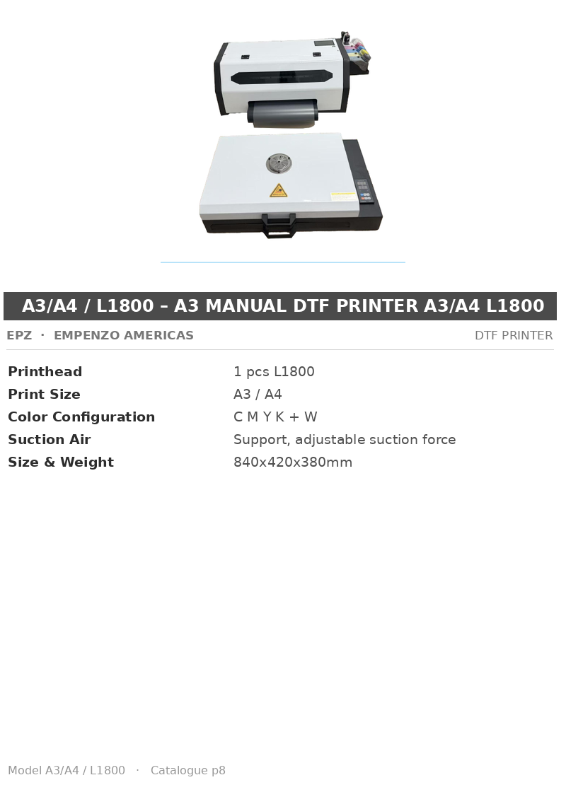 EPZ A3/A4 / L1800 – A3 Manual DTF Printer A3/A4 L1800