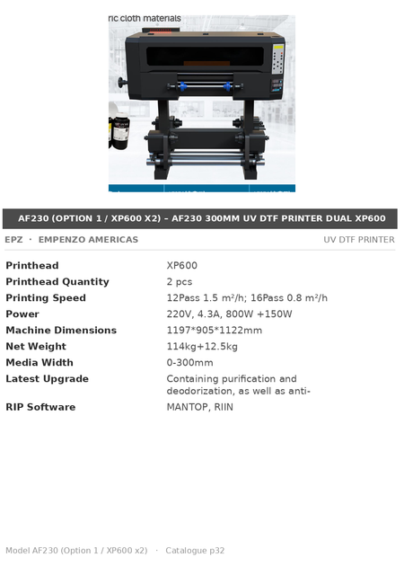 EPZ AF230 (Option 1 / XP600 x2) – AF230 300mm UV DTF Printer Dual XP600