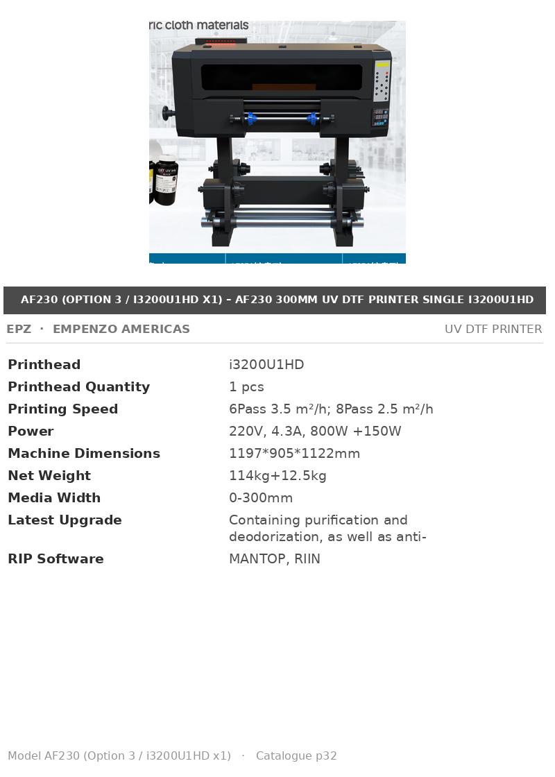 EPZ AF230 (Option 3 / i3200U1HD x1) – AF230 300mm UV DTF Printer Single i3200U1HD