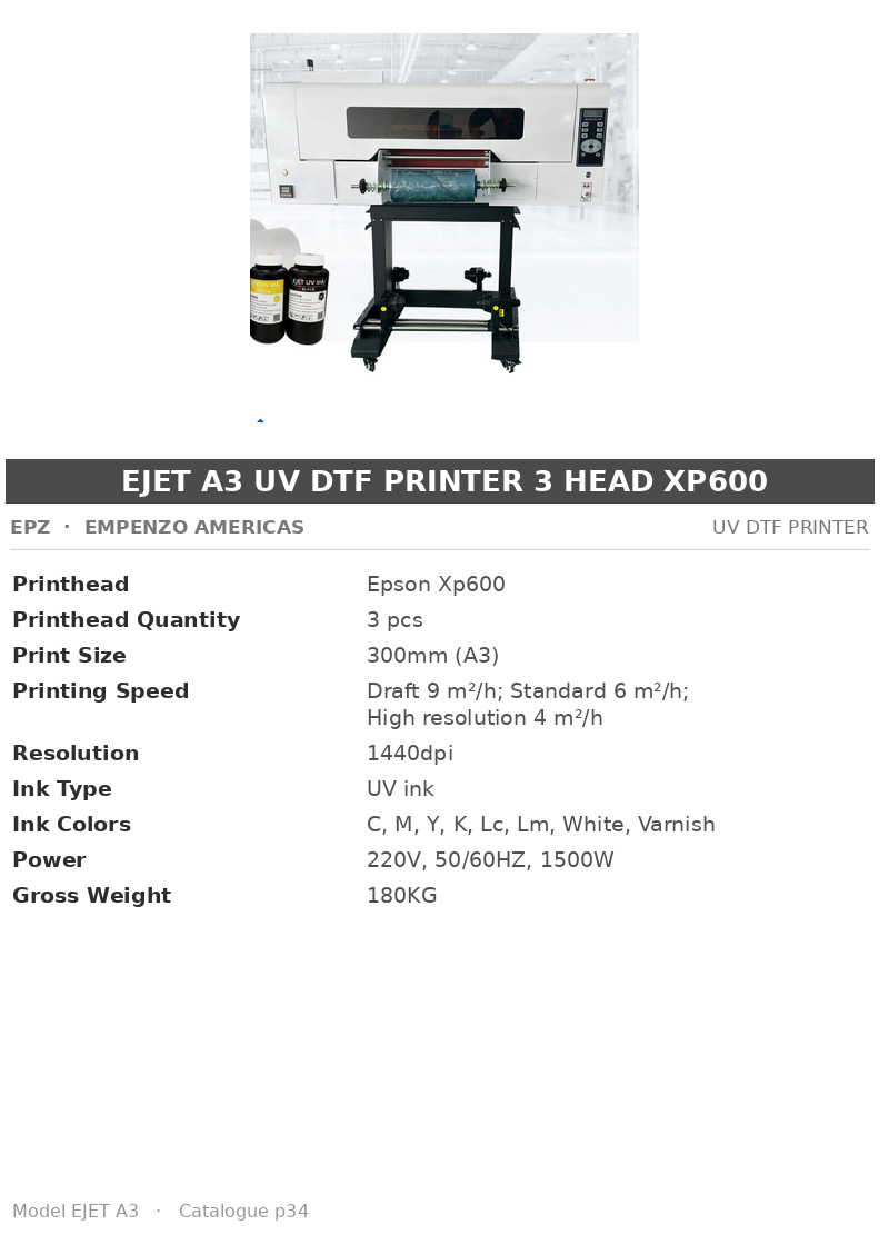 EPZ EJET A3 UV DTF Printer 3 Head XP600