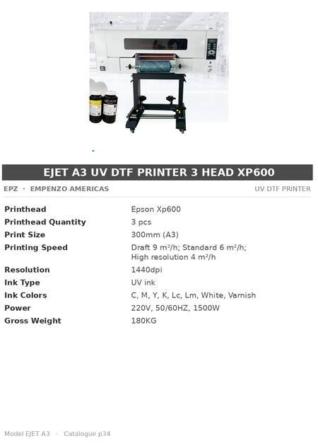 EPZ EJET A3 UV DTF Printer 3 Head XP600